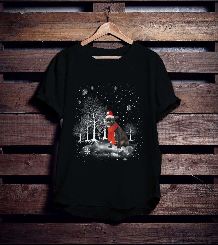 Boston Terrier In Snowy Winter Wonderland With Santa Hat And Scarf T-Shirt