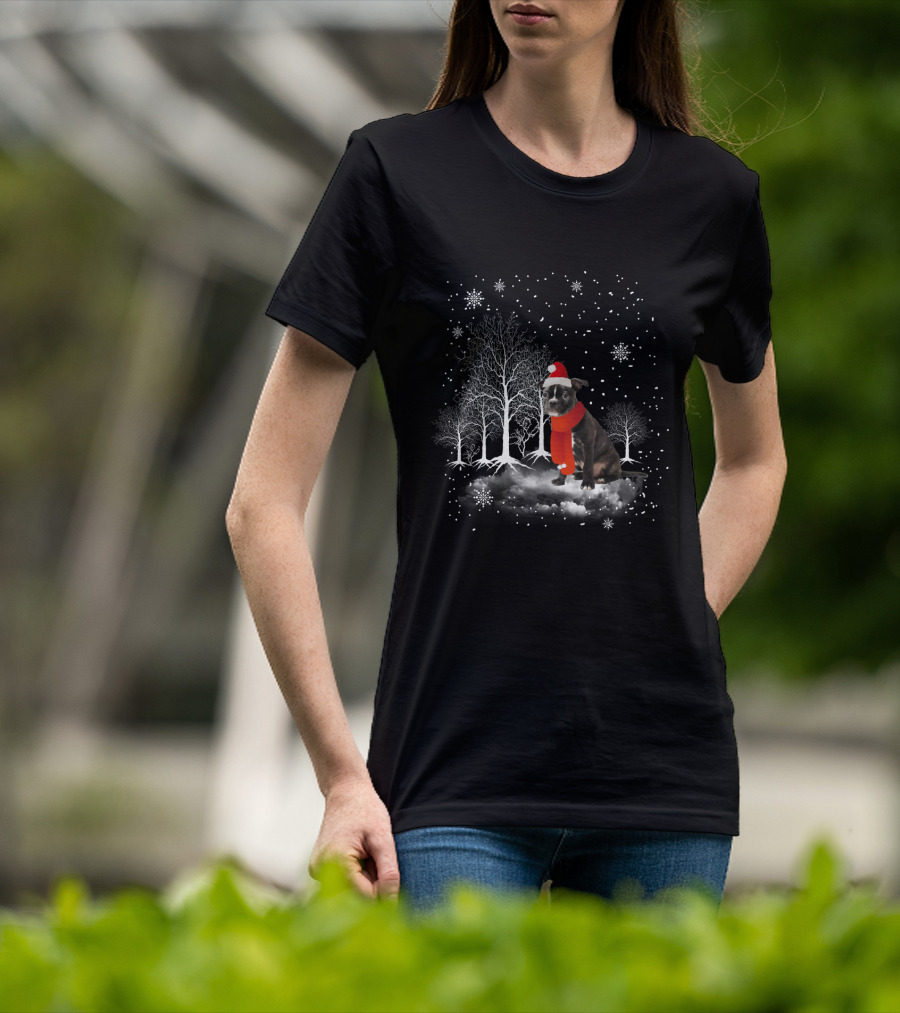Boston Terrier In Snowy Winter Wonderland With Santa Hat And Scarf T-Shirt