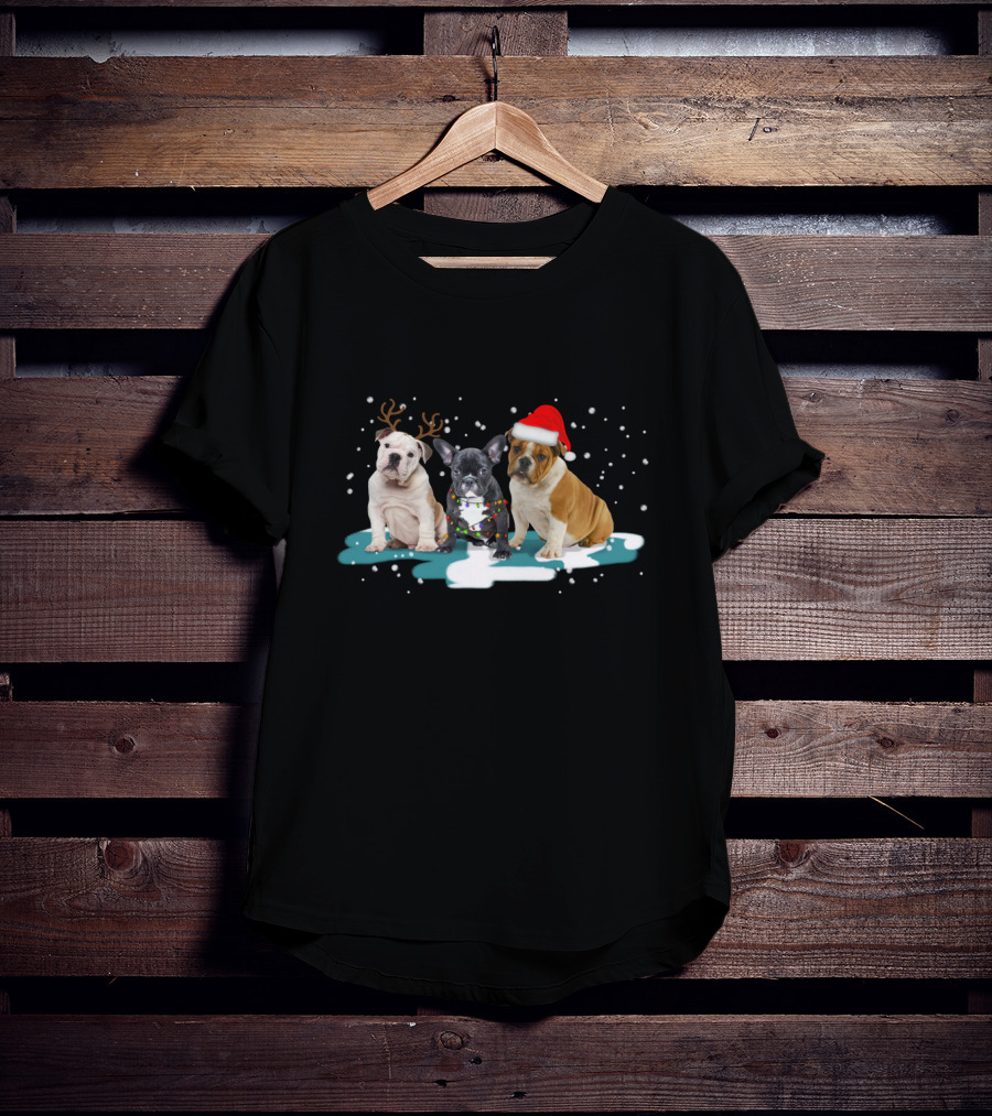 Bulldog Christmas With Reindeer Antlers And Santa Hat For Dog Lovers T-Shirt