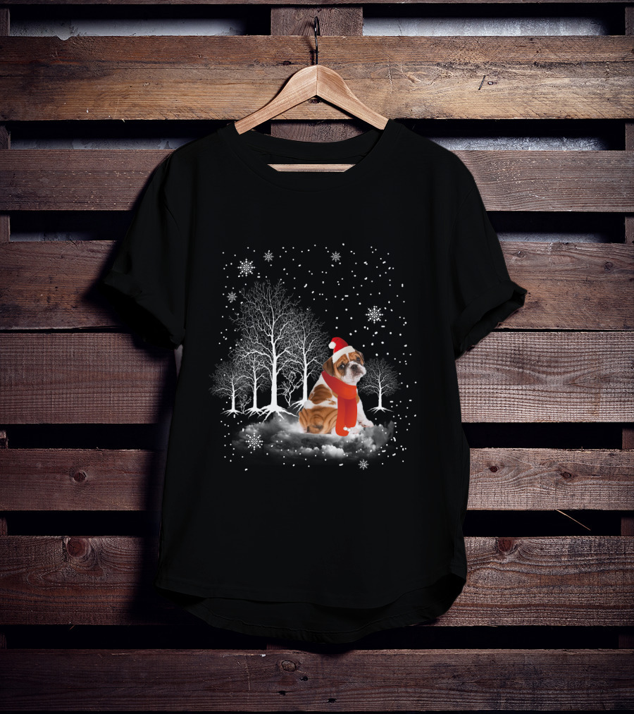 Bulldog In Snowy Forest With Santa Hat And Scarf Amidst Falling Snowflakes T-Shirt