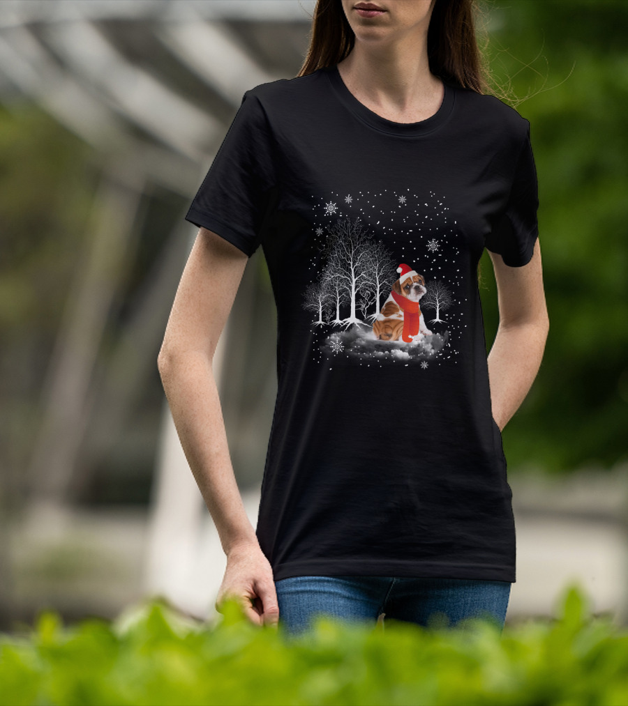 Bulldog In Snowy Forest With Santa Hat And Scarf Amidst Falling Snowflakes T-Shirt