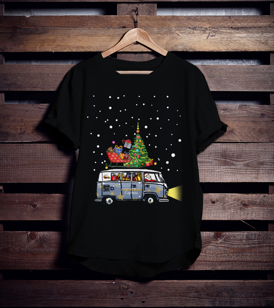 Christmas Express Van With Christmas Tree And Santa In Snowy Scene T-Shirt