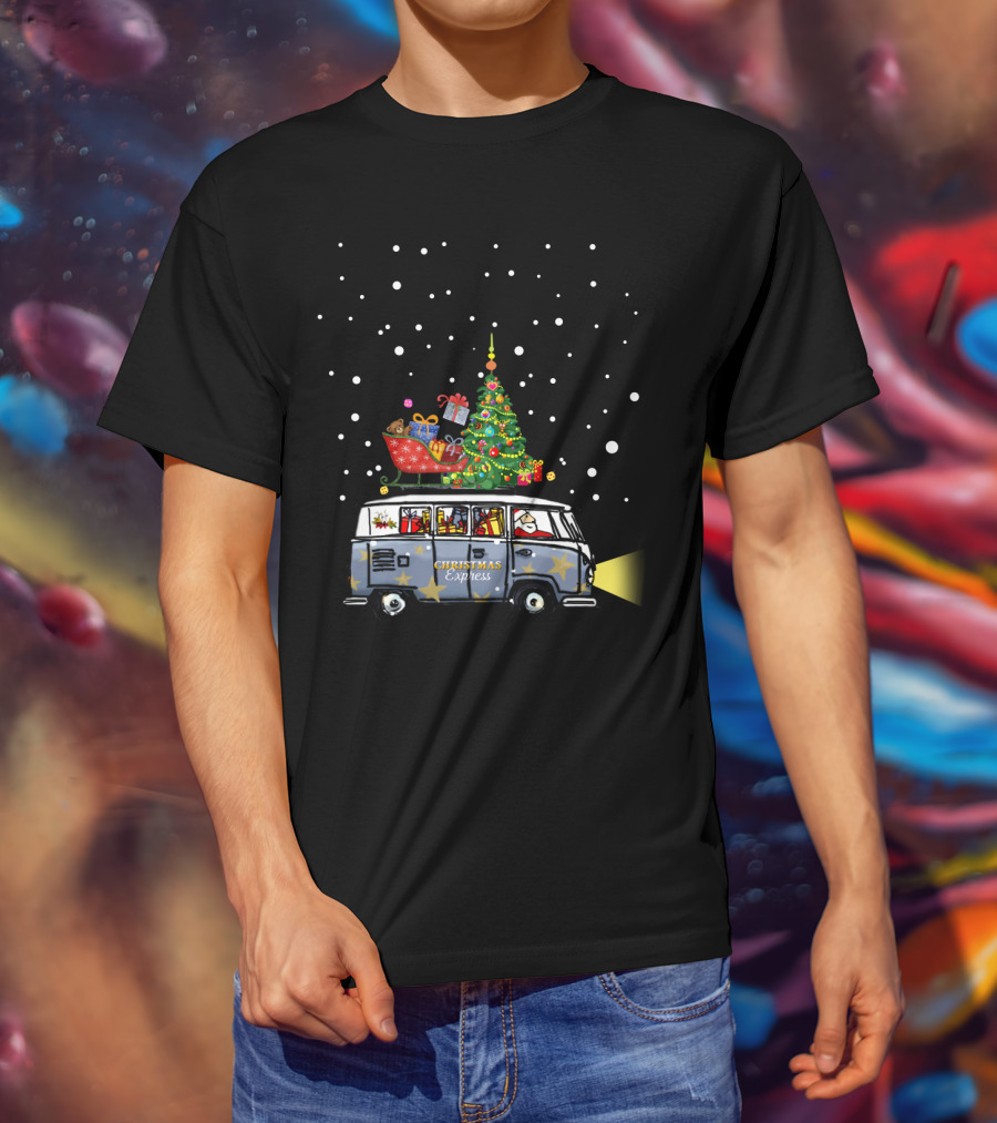 Christmas Express Van With Christmas Tree And Santa In Snowy Scene T-Shirt