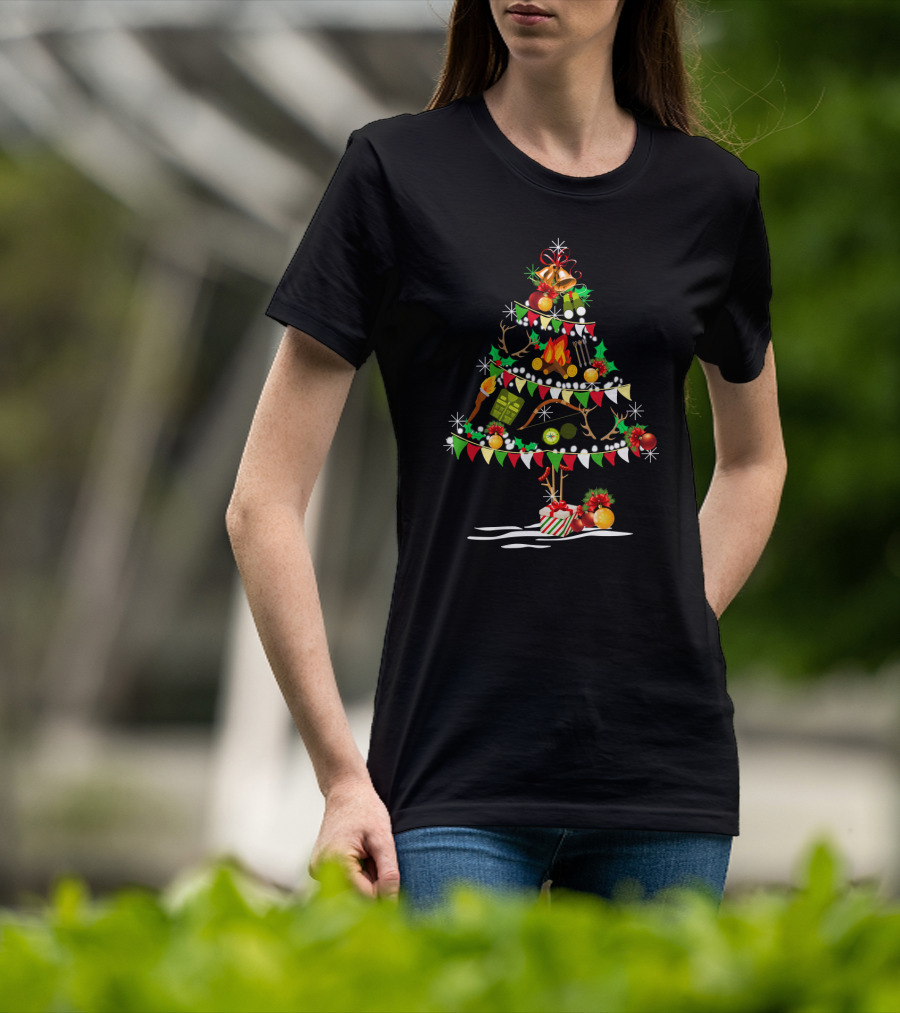 Holiday Deer Christmas Tree With Hunting Gear Ornaments And Festive Decorations T-Shirt