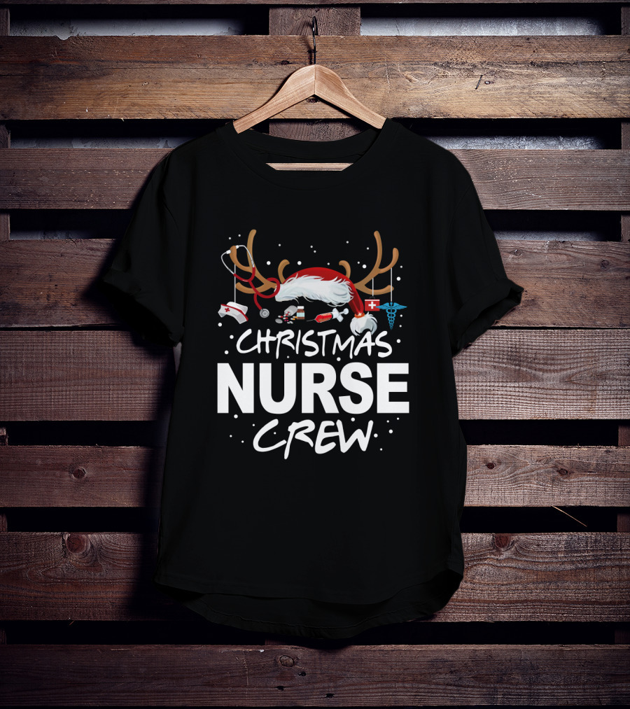 Christmas Nurse Crew With Santa Hat, Stethoscope, And Medical Icons T-Shirt