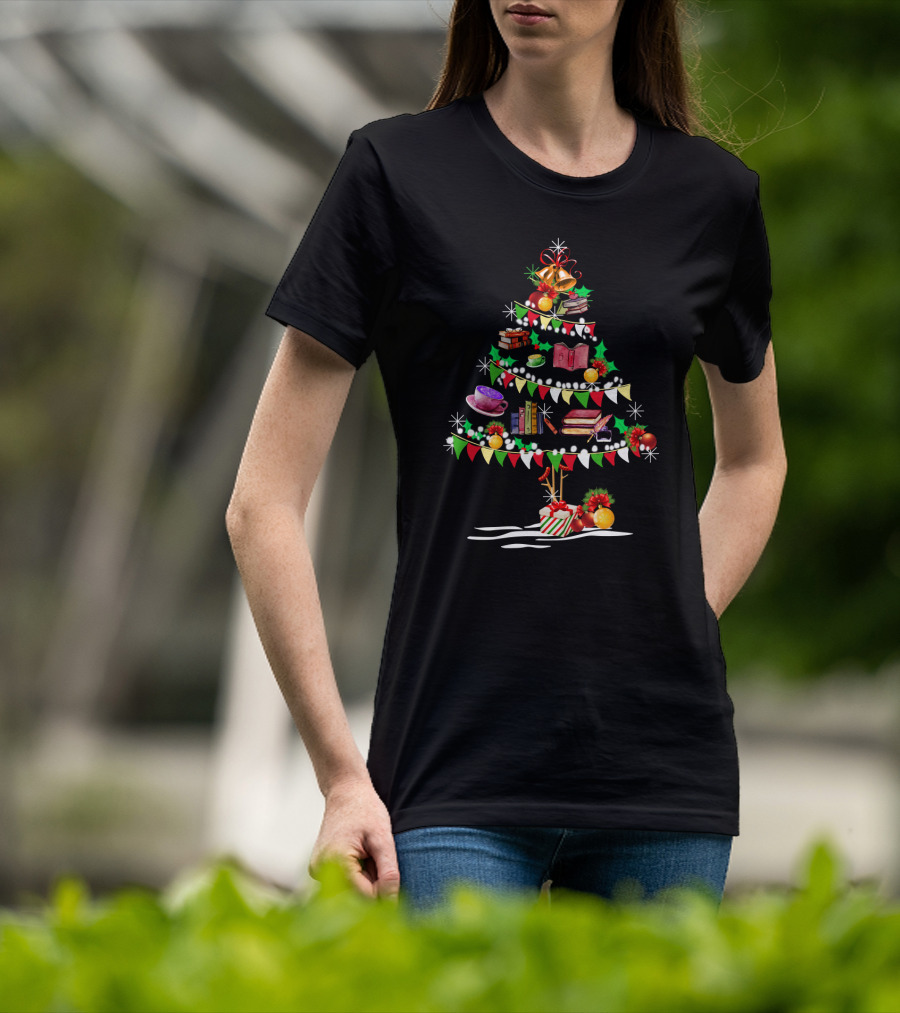Christmas Tree Made Of Books And Holiday Decorations T-Shirt