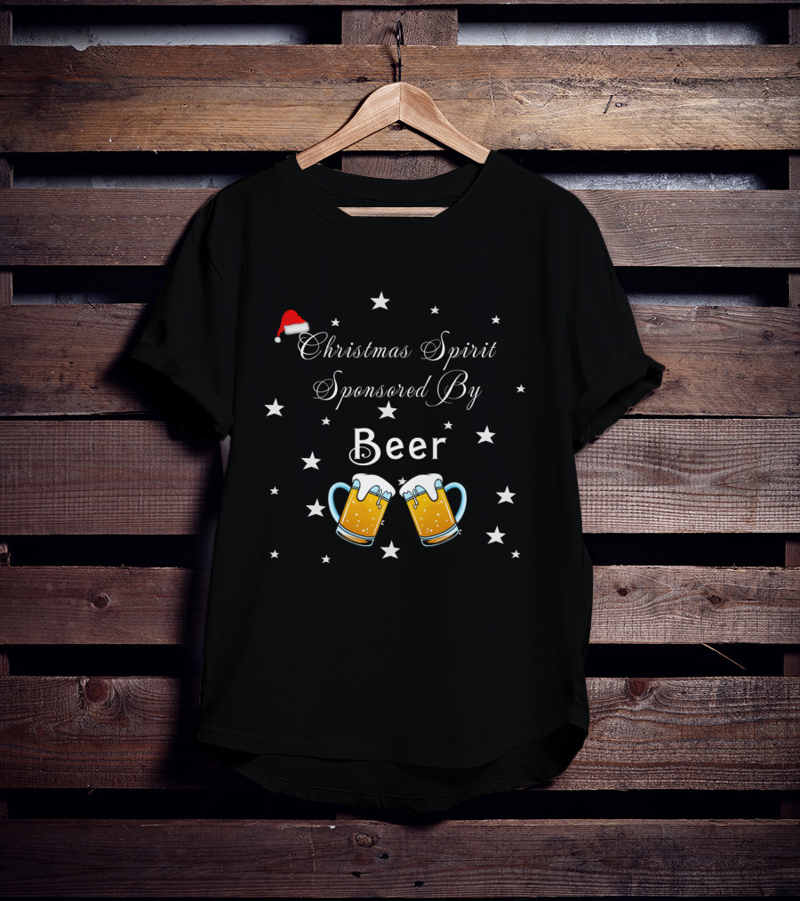 Christmas Spirit Sponsored By Beer With Santa Hat And Star Motif Featuring Beer Mugs T-Shirt