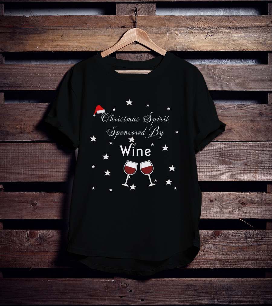 Festive Christmas Spirit Sponsored By Wine With Santa Hat And Stars T-Shirt