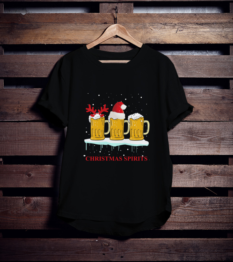 Christmas Spirits Beer Festive Mug Trio With Santa Hat And Reindeer Antlers T-Shirt