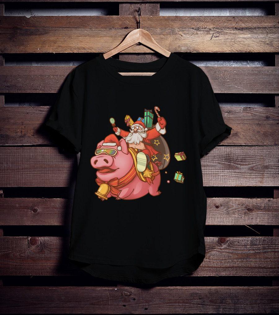 Santa Claus Riding Pig With Candy Canes And Christmas Gifts T-Shirt