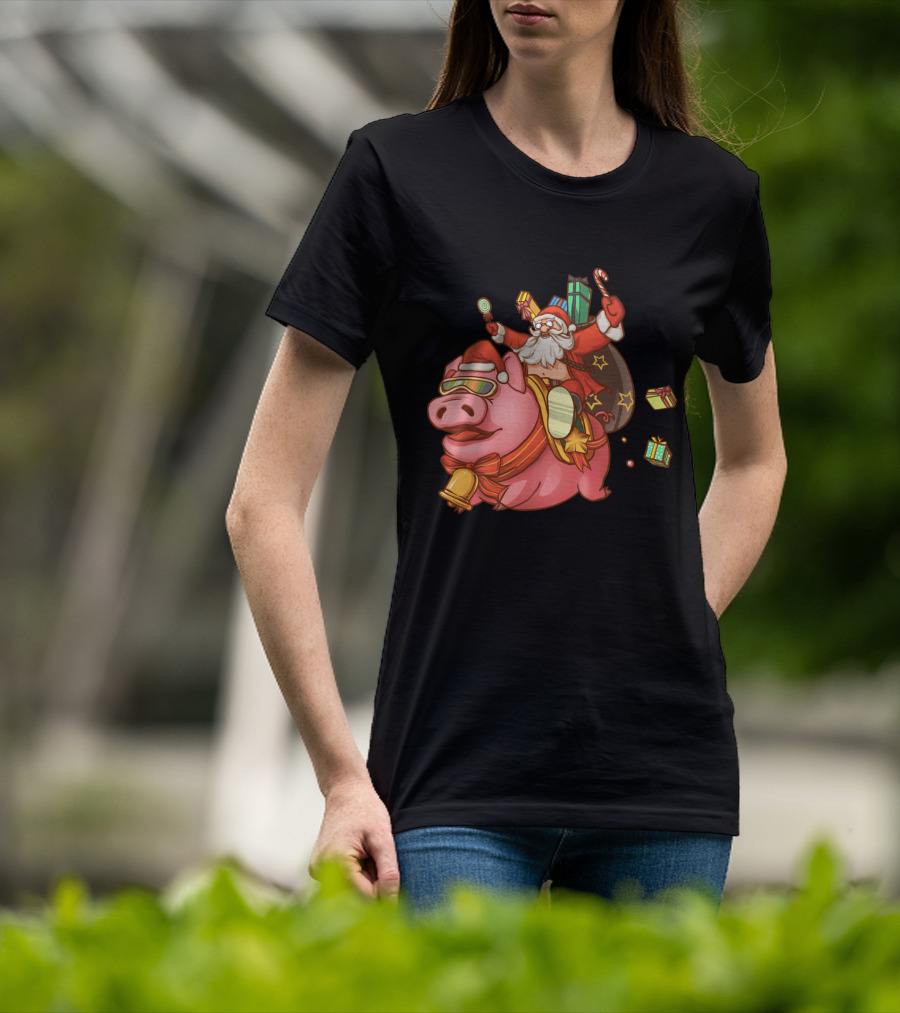 Santa Claus Riding Pig With Candy Canes And Christmas Gifts T-Shirt
