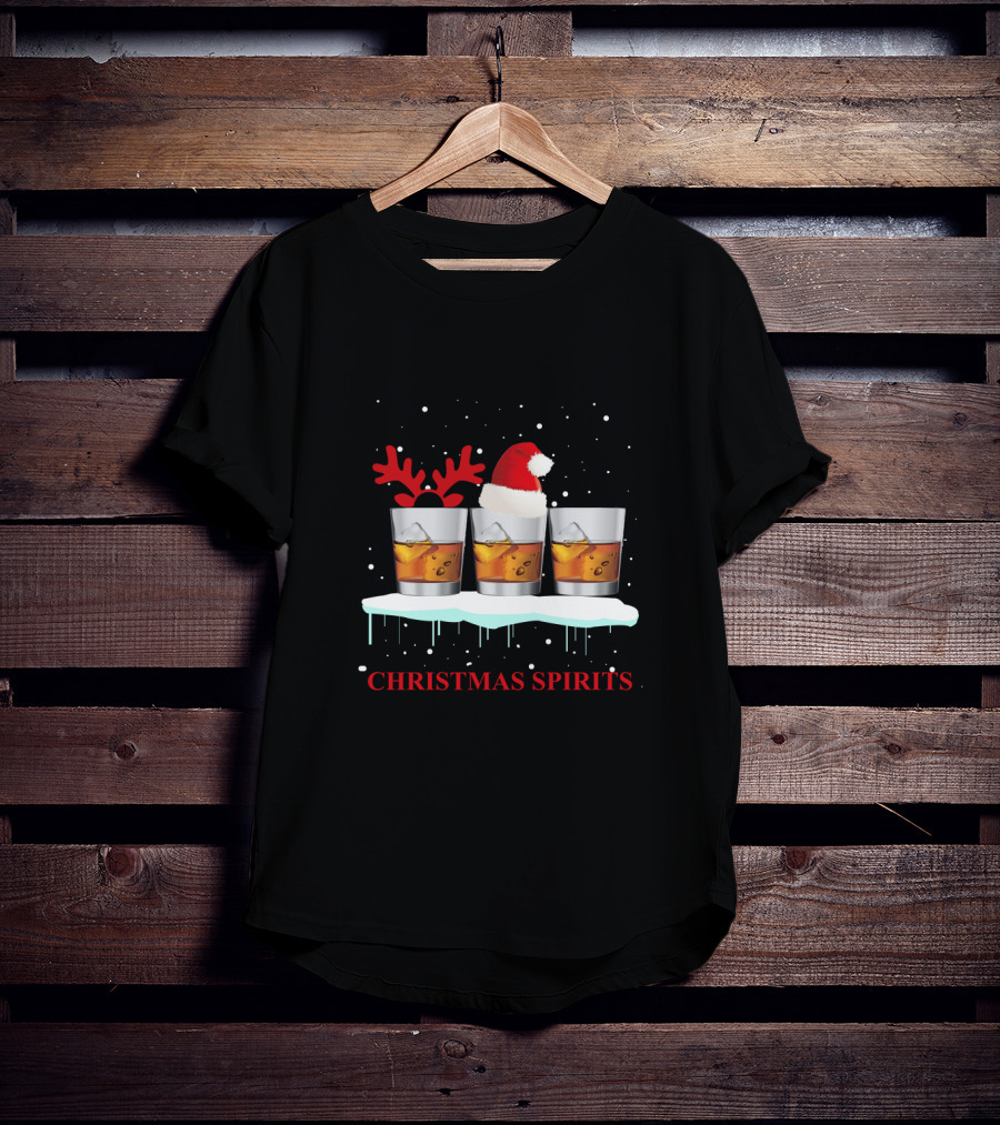 Christmas Spirits Whisky Glasses With Santa Hat And Reindeer Antlers T-Shirt