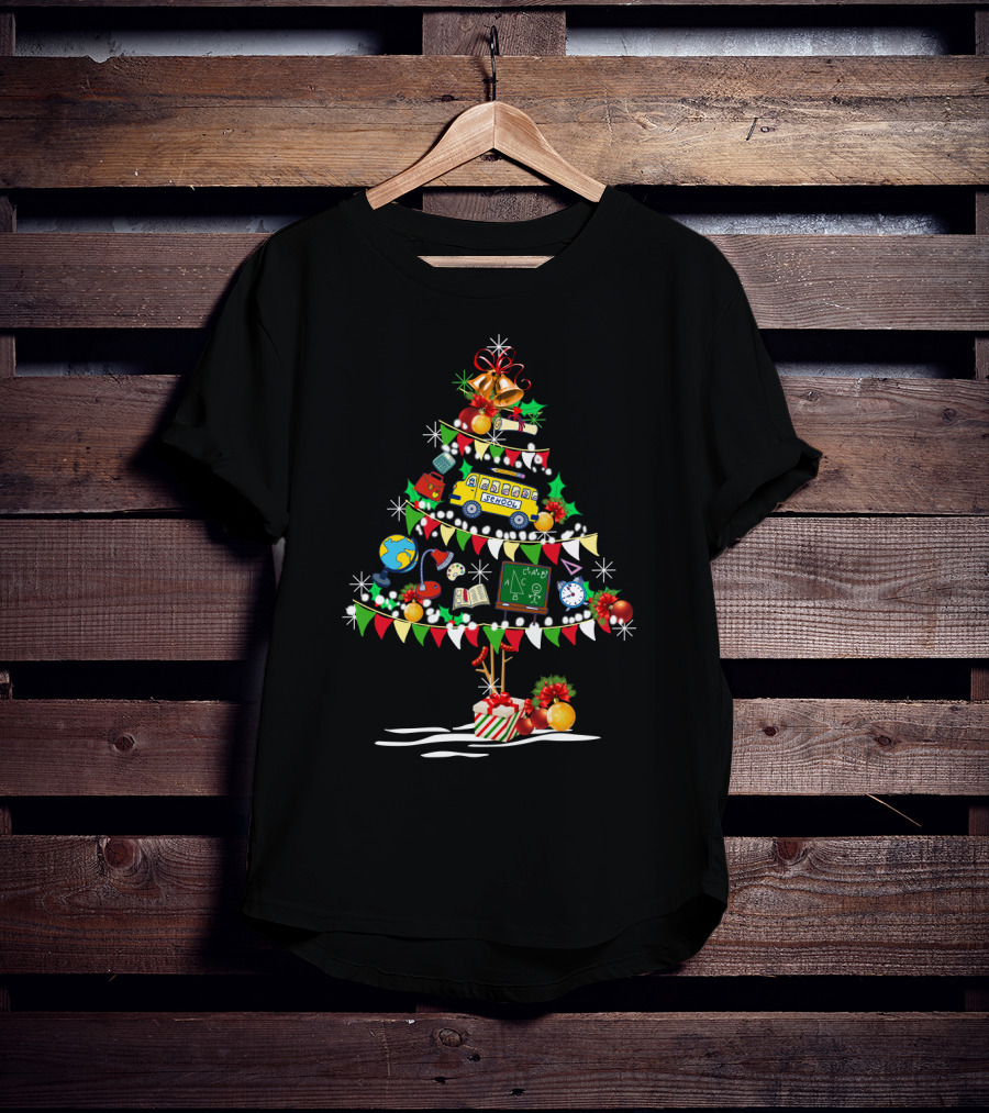Christmas School Tree With Classroom Icons And Holiday Decorations T-Shirt