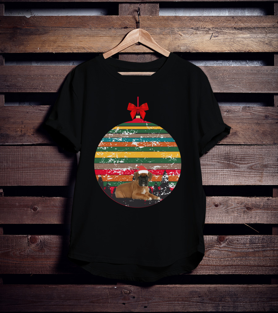 Christmas Vintage Boxer Puppy In Santa Hat Ornament With Stripes And Trees T-Shirt
