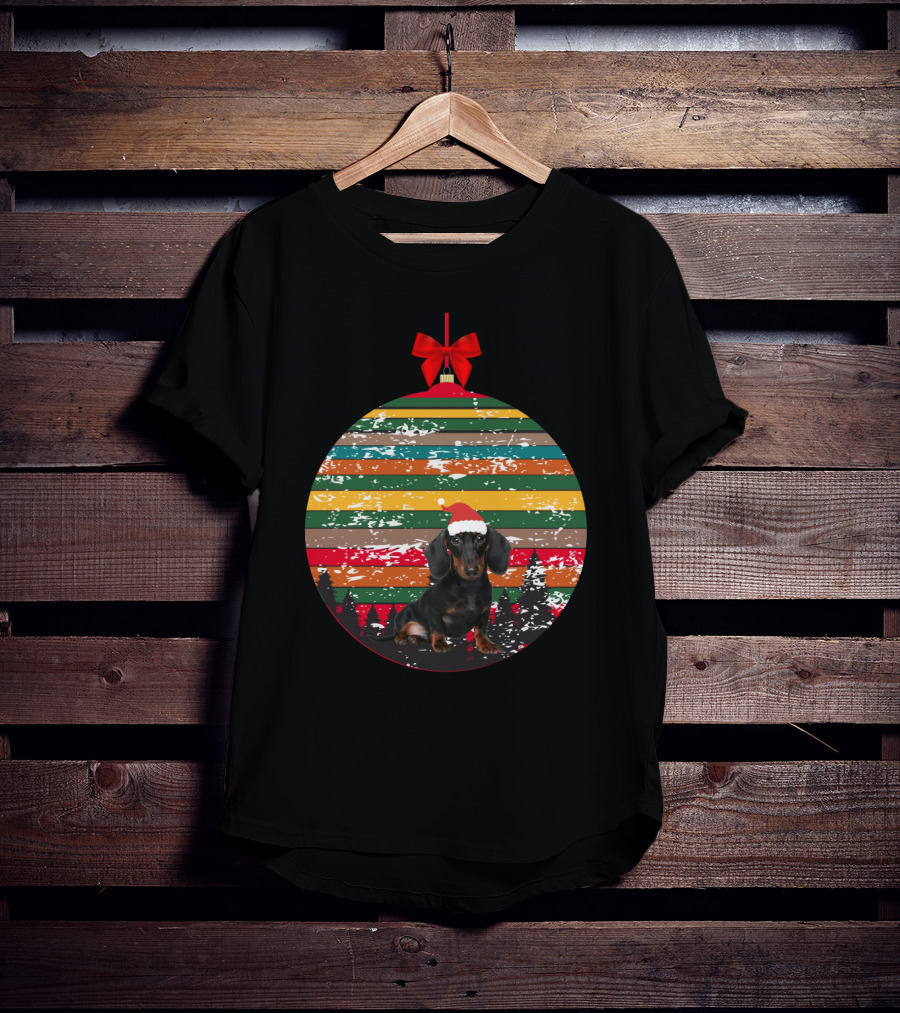 Christmas Dachshund In Vintage Festive Ornament With Santa Hat And Striped T-Shirt