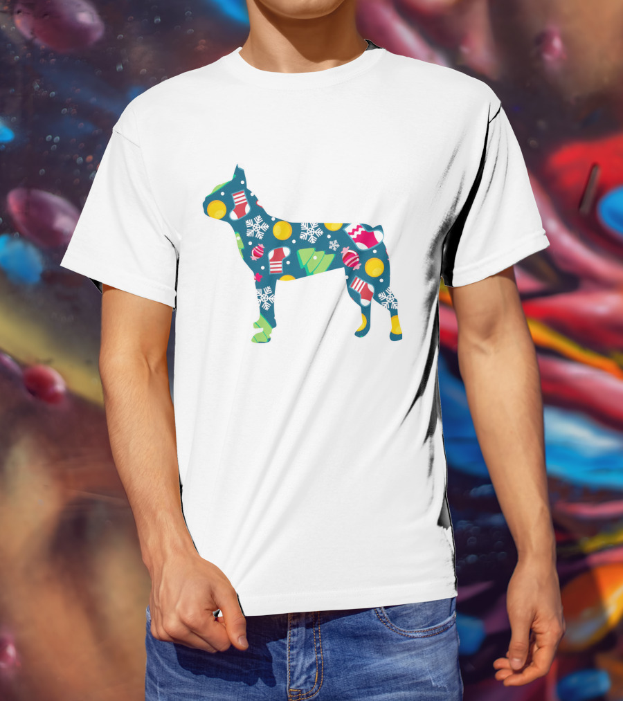 Festive Boston Terrier Dog Lover Christmas Pattern With Snowflakes And Ornaments T-Shirt