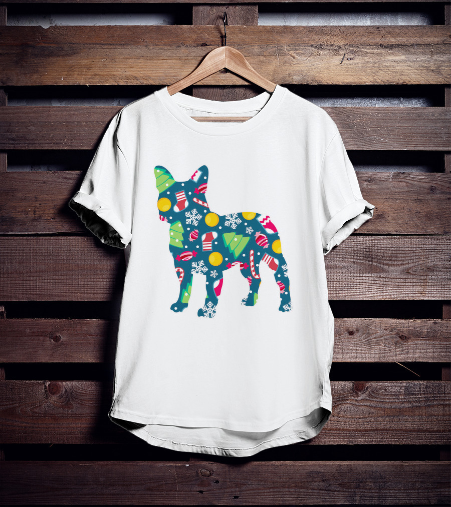 Dog Lover Christmas Frenchie Bulldog Pattern With Holiday Decorations T-Shirt