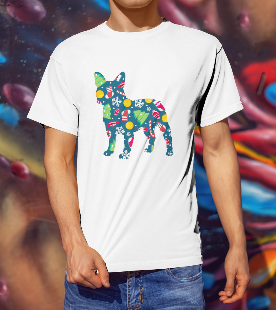 Dog Lover Christmas Frenchie Bulldog Pattern With Holiday Decorations T-Shirt
