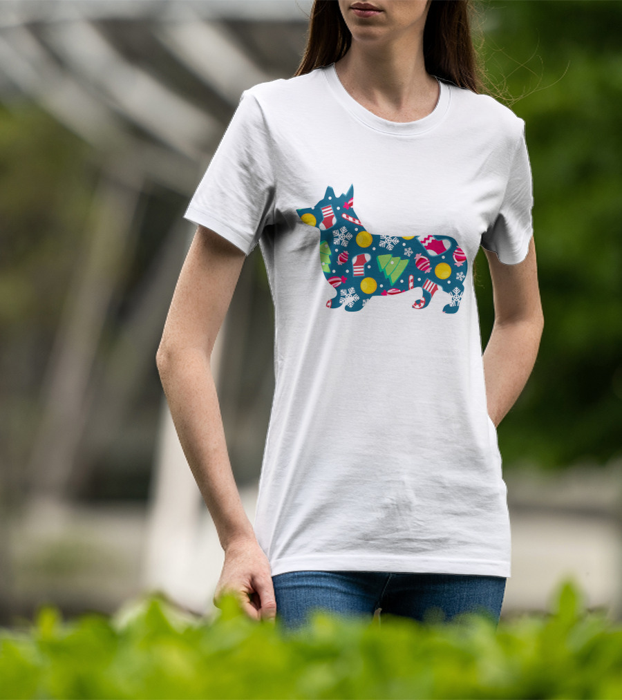 Corgi Silhouette With Candy Canes Ornaments Snowflakes And Christmas Trees For Dog Lovers T-Shirt