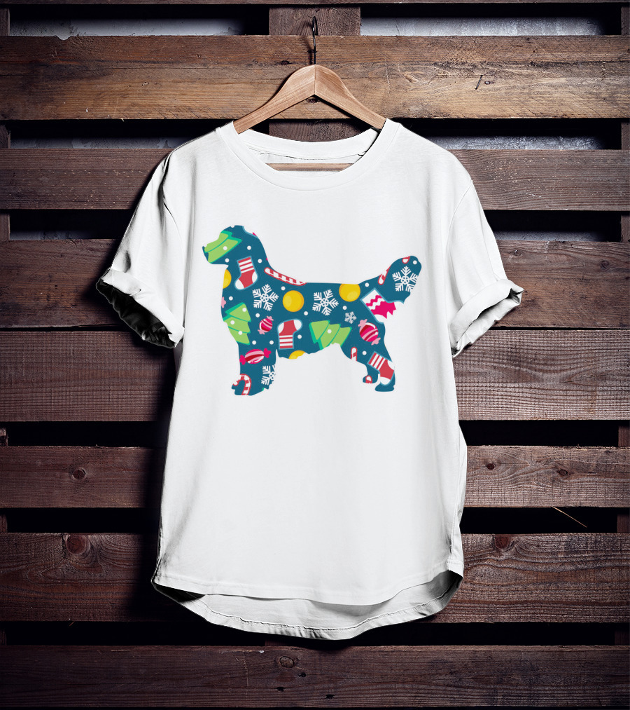 Golden Retriever Christmas Pattern With Snowflakes, Trees, Ornaments, And Stockings For Dog Lovers T-Shirt