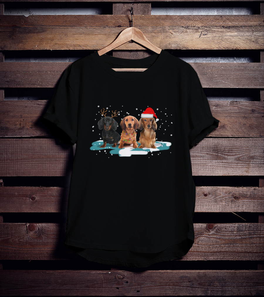 Dachshund Christmas Trio With Antlers And Santa Hat In Snowy Scene T-Shirt