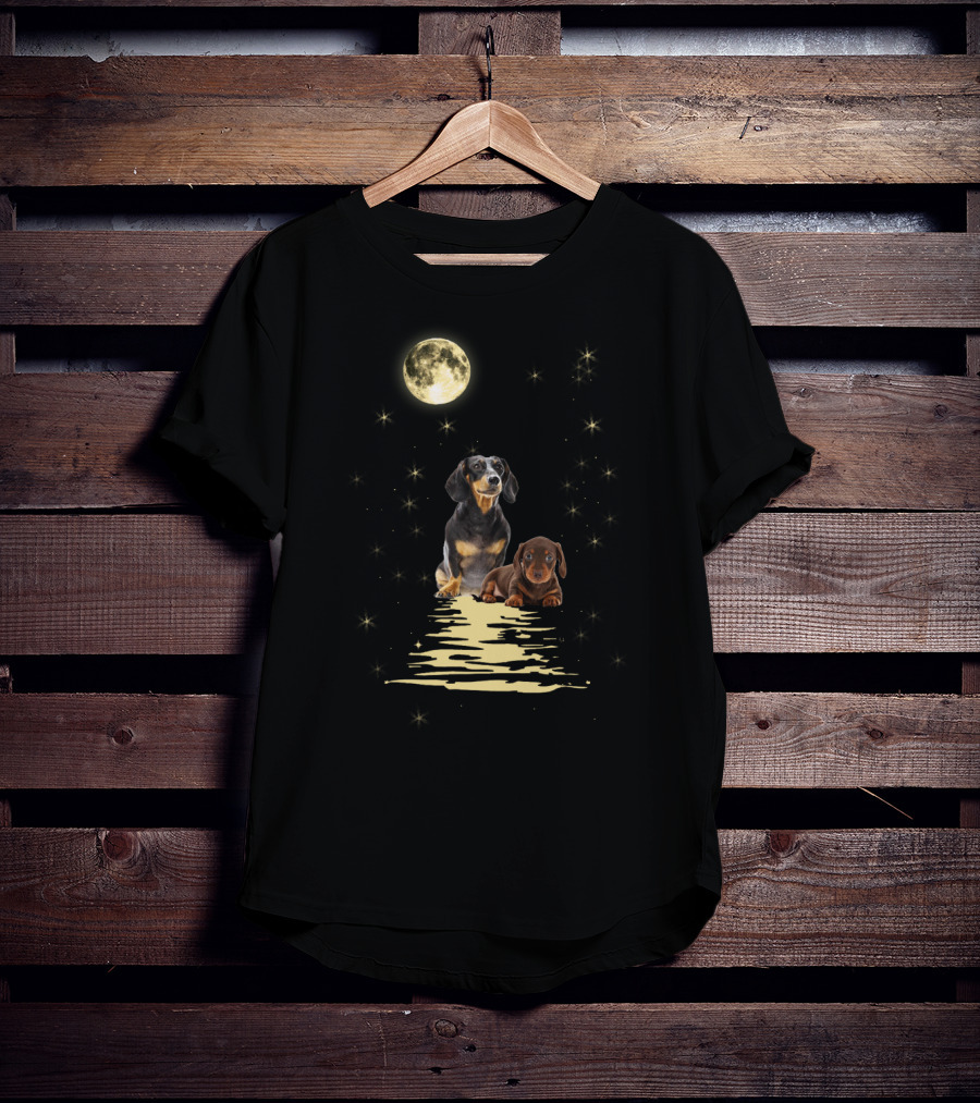 Dachshund Moonlight Reflections With Starry Night Sky T-Shirt