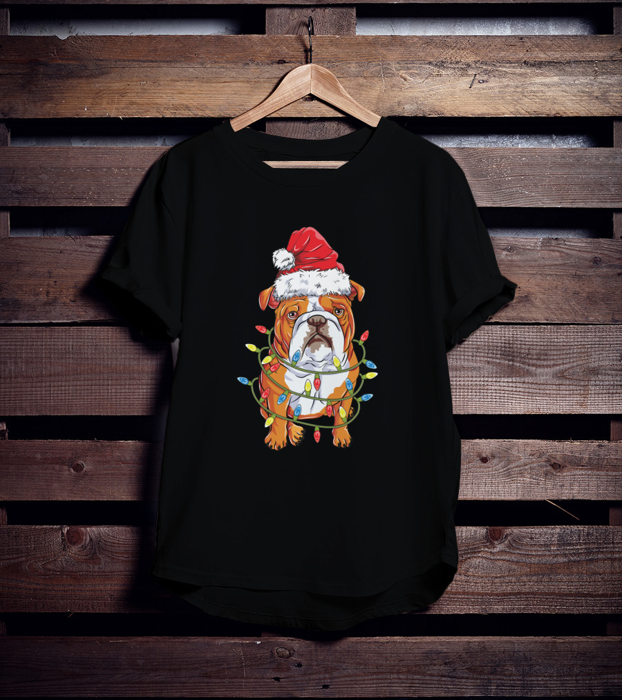 English Bulldog Christmas Santa Hat Festive Lights T-Shirt