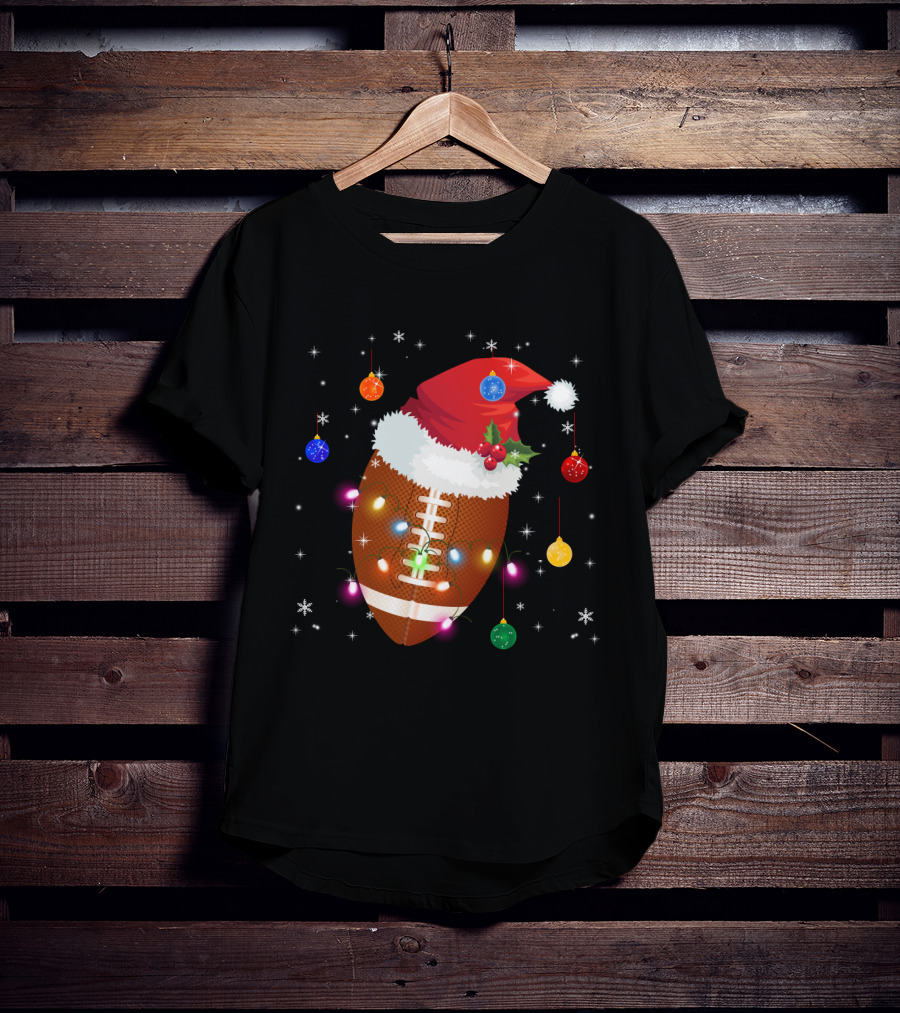 Christmas Football Santa Hat Ornaments Lights T-Shirt