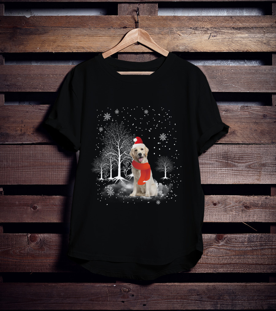 Golden Retriever Santa Hat Snowy Forest Holiday Scene T-Shirt