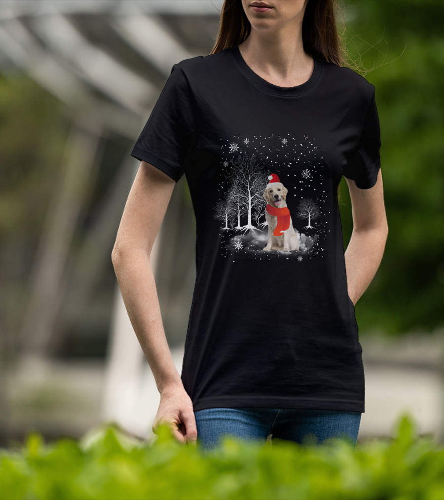 Golden Retriever Santa Hat Snowy Forest Holiday Scene T-Shirt