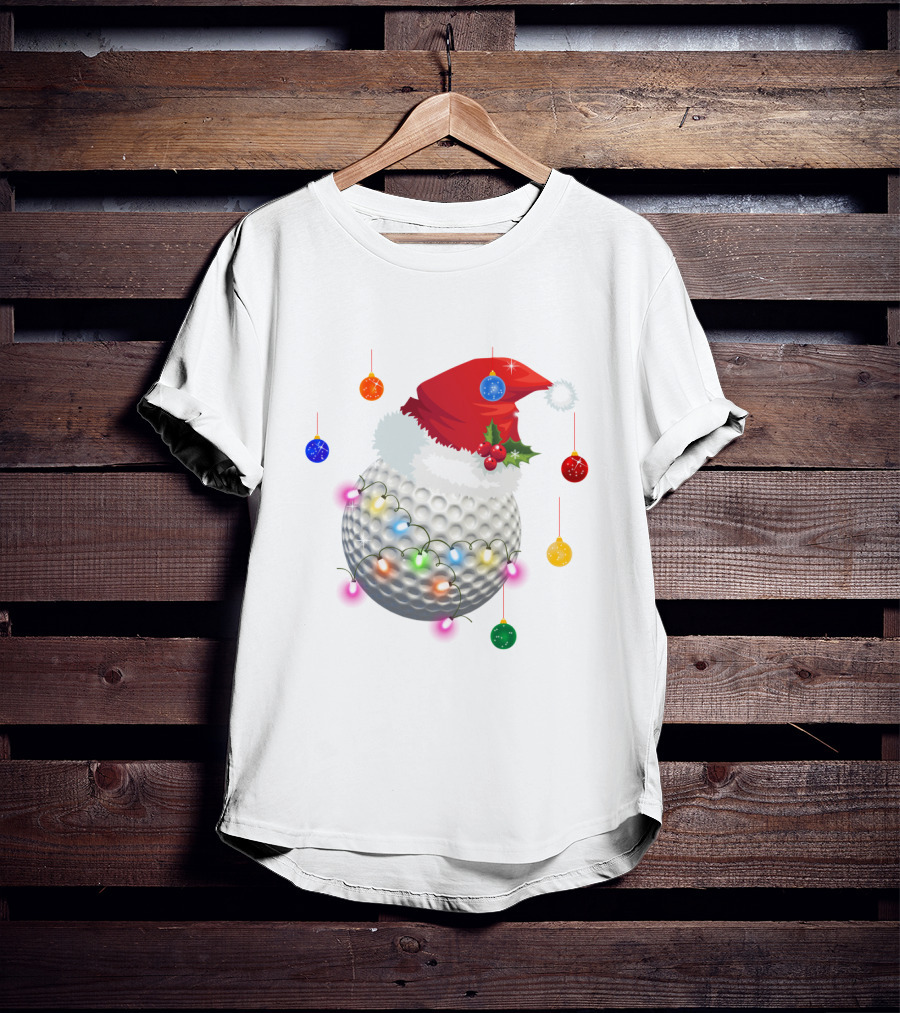 Christmas Golf Ball Santa Hat Holiday Lights T-Shirt