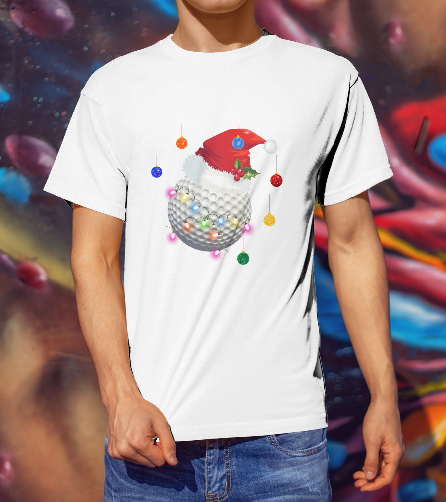 Christmas Golf Ball Santa Hat Holiday Lights T-Shirt