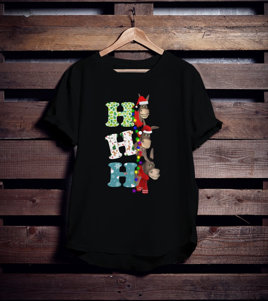 Hohoho Christmas Donkey With Santa Hats And Colorful Lights T-Shirt