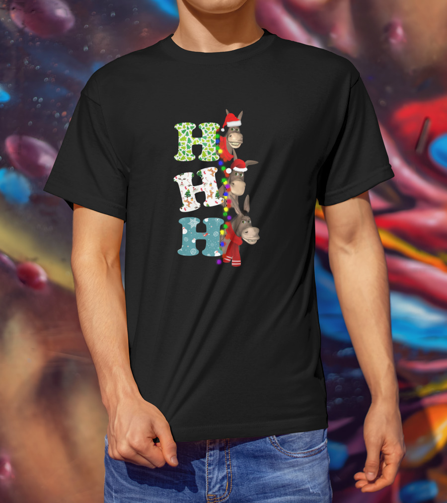 Hohoho Christmas Donkey With Santa Hats And Colorful Lights T-Shirt