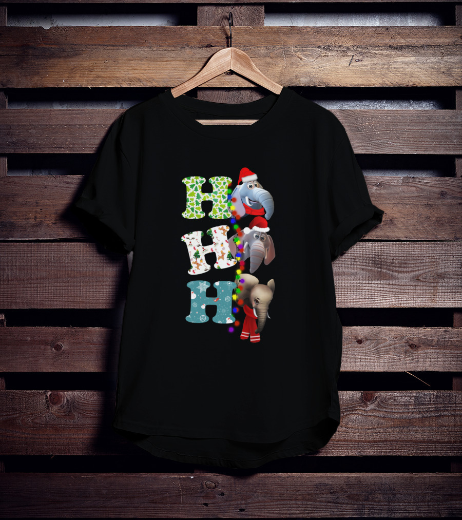 Ho Ho Ho Christmas Elephants Santa Hats And Holiday Lights T-Shirt
