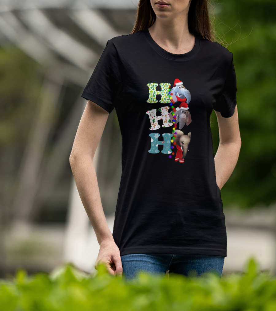 Ho Ho Ho Christmas Elephants Santa Hats And Holiday Lights T-Shirt