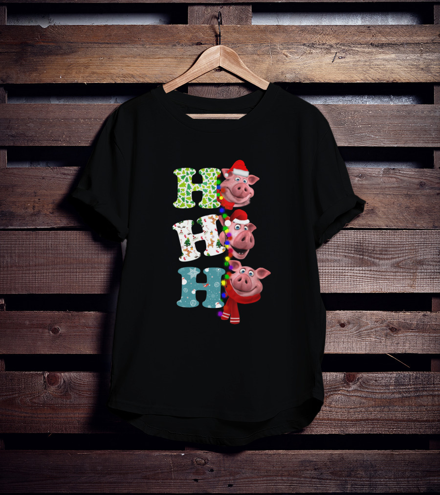Hohoho Pig Christmas Lights Santa Hat Scarf Playful Holiday Hollysnowflakes T-Shirt