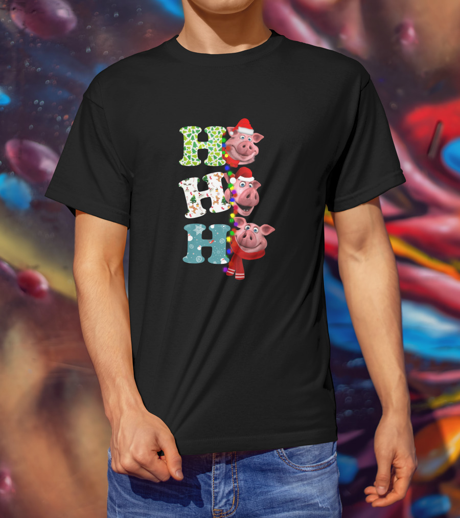 Hohoho Pig Christmas Lights Santa Hat Scarf Playful Holiday Hollysnowflakes T-Shirt