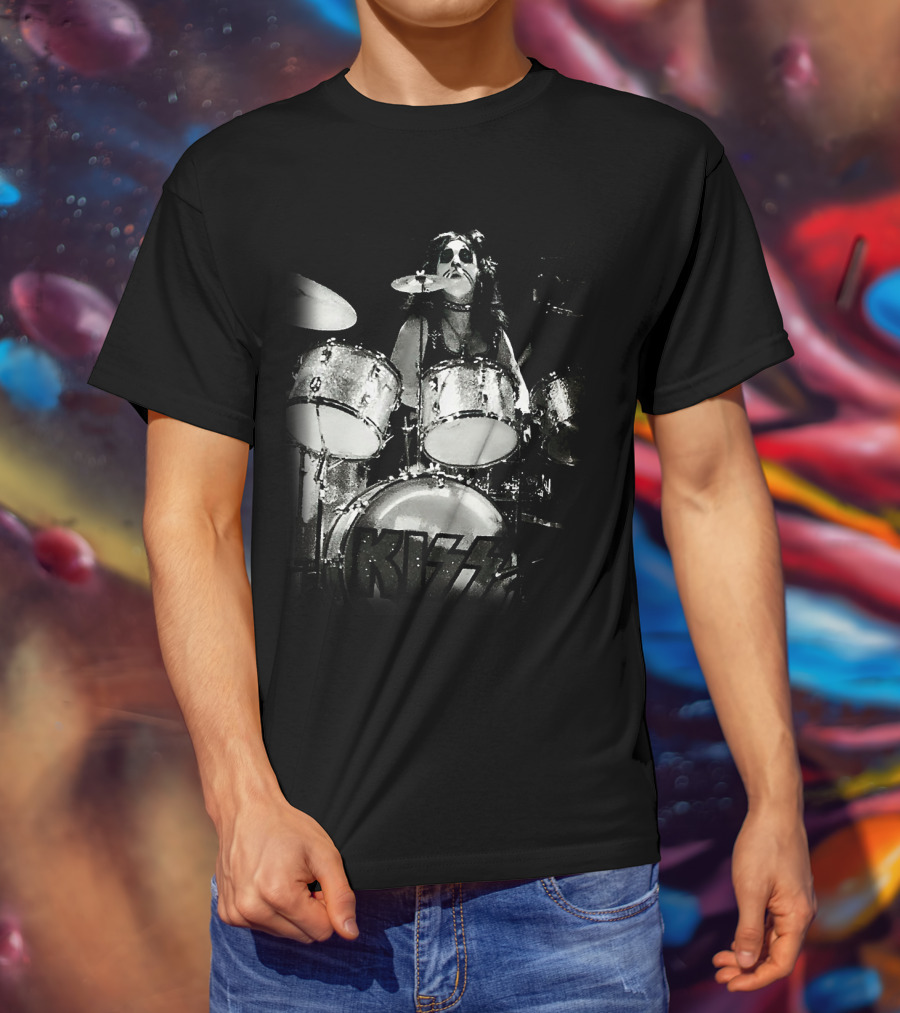 KISS Peter Criss Drummer Black And White Performance T-Shirt