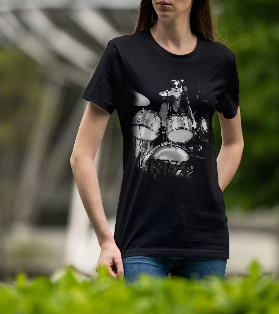 KISS Peter Criss Drummer Black And White Performance T-Shirt