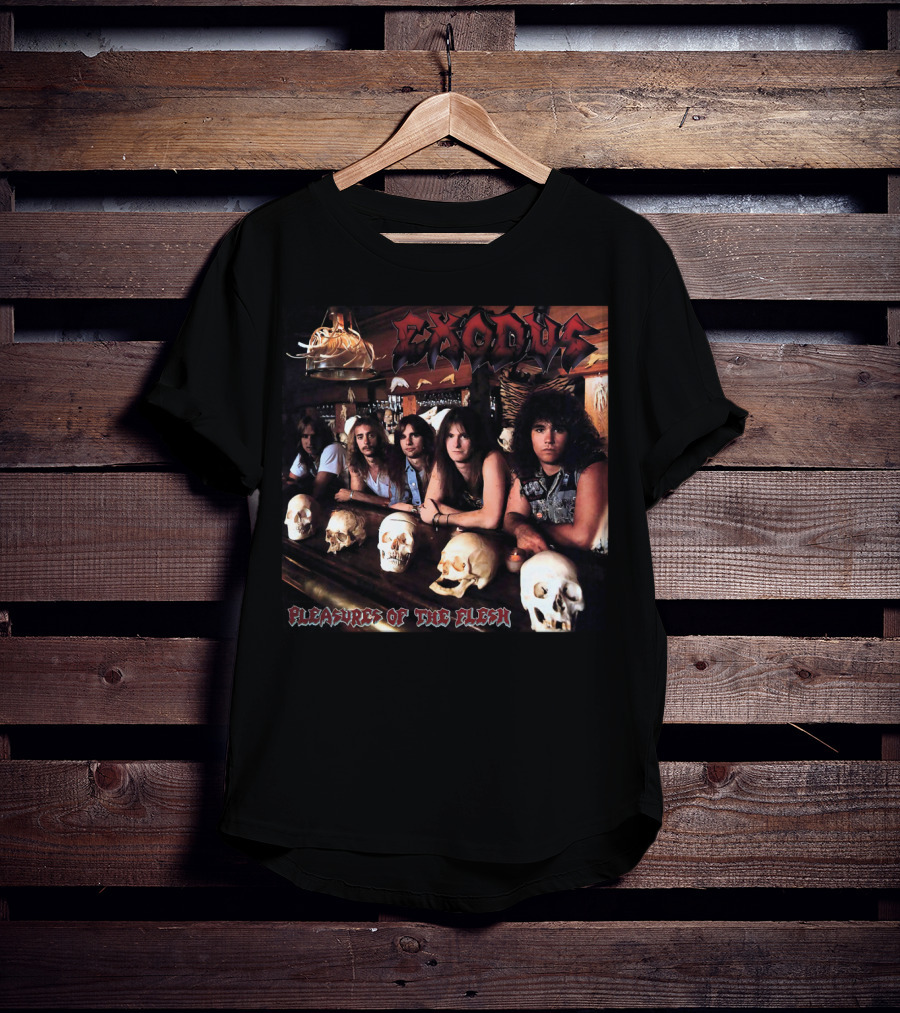 Exodus Pleasures Of The Flesh Album Cover With Band Members And Skulls T-Shirt