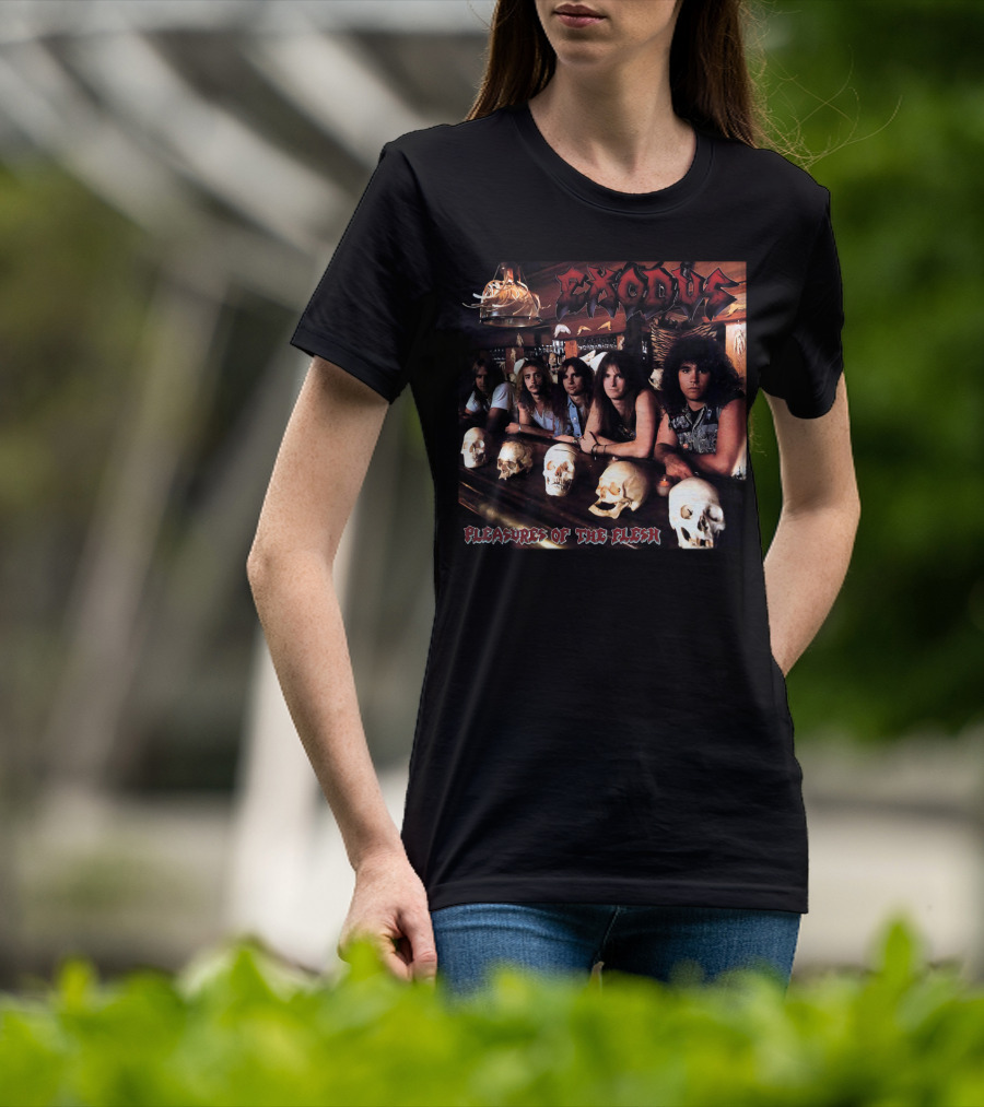 Exodus Pleasures Of The Flesh Album Cover With Band Members And Skulls T-Shirt