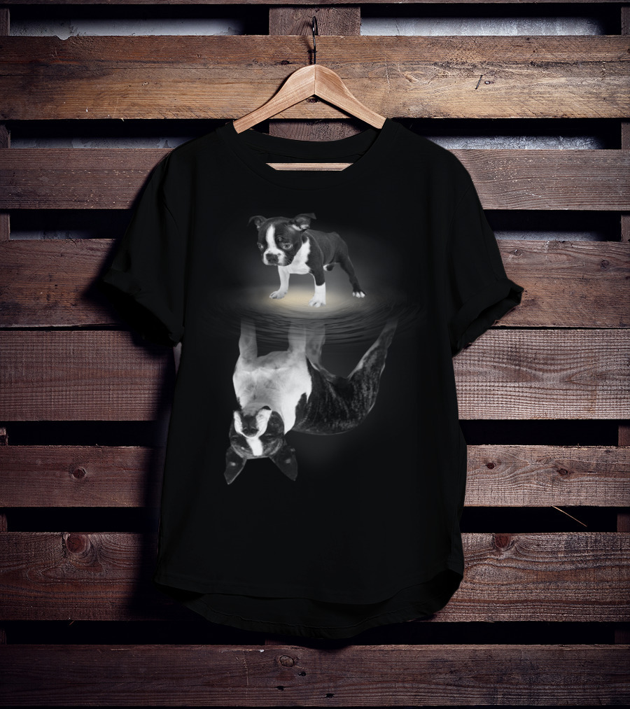 Bostie Mom Boston Terrier Reflections In Water With Puppy T-Shirt
