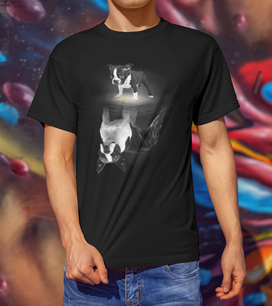 Bostie Mom Boston Terrier Reflections In Water With Puppy T-Shirt