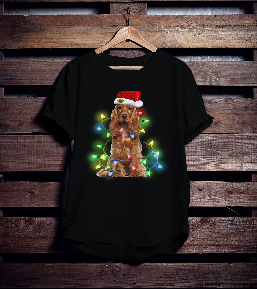 Cocker Spaniel Christmas Santa Hat Wrapped In Colorful Holiday Lights T-Shirt