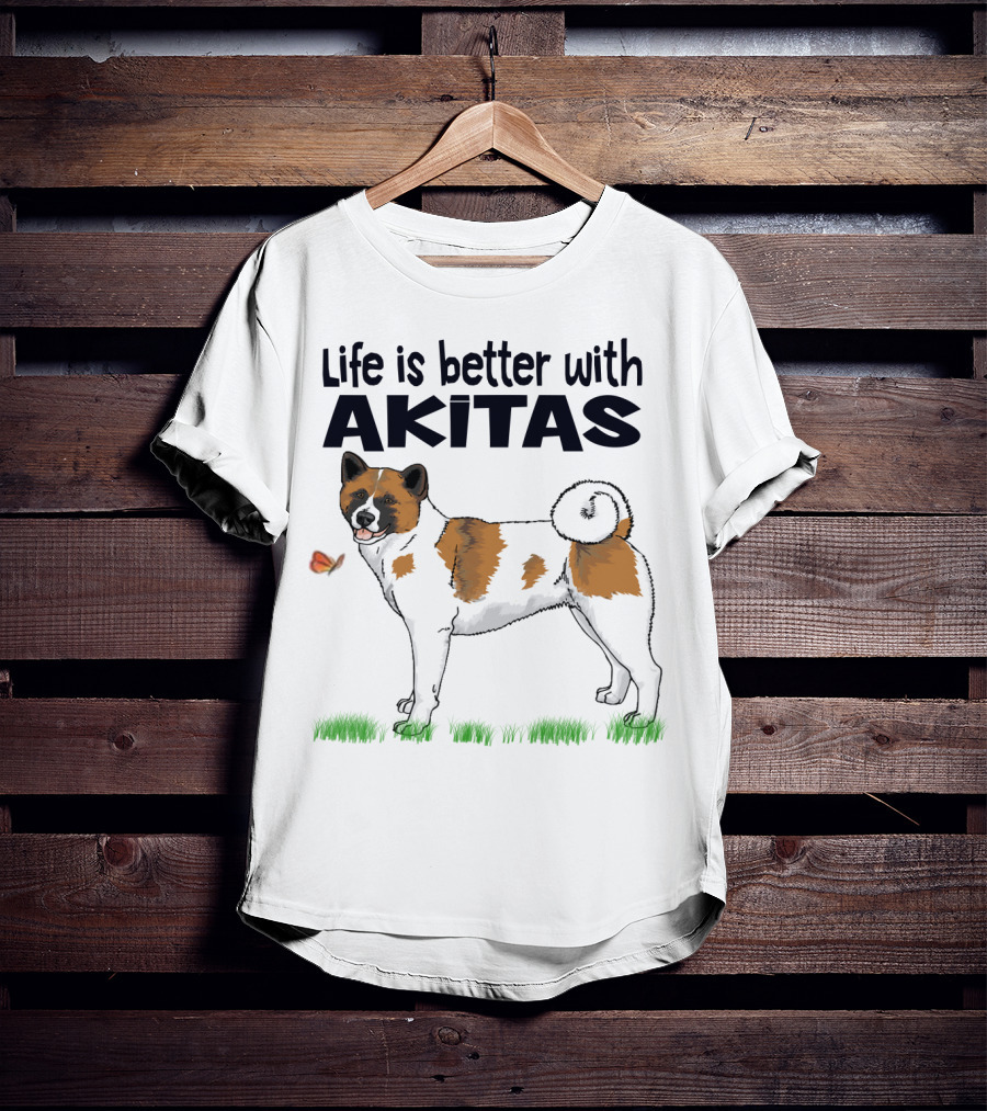 Life Is Better With Akitas Illustrated With Butterfly And Dog T-Shirt