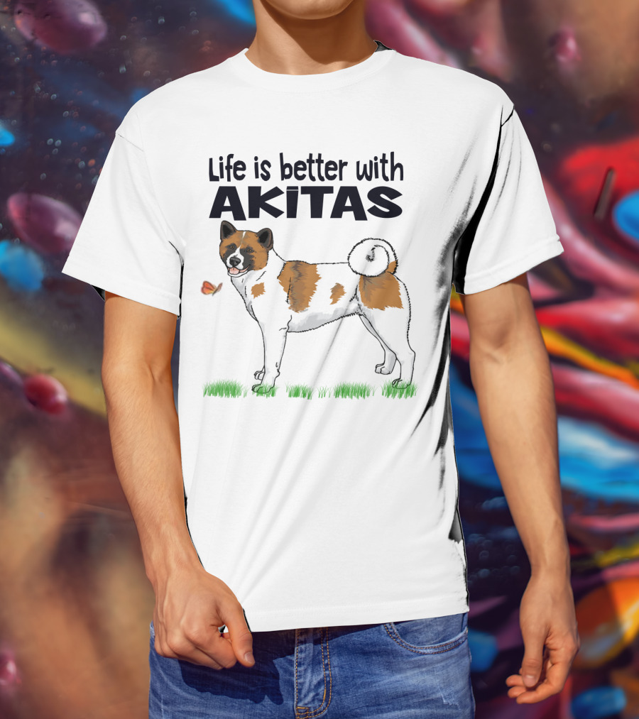 Life Is Better With Akitas Illustrated With Butterfly And Dog T-Shirt