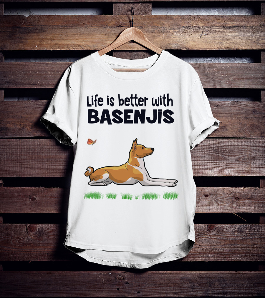 Life Is Better With Basenjis Dog 70s Retro Style Laying On Grass With Butterfly T-Shirt