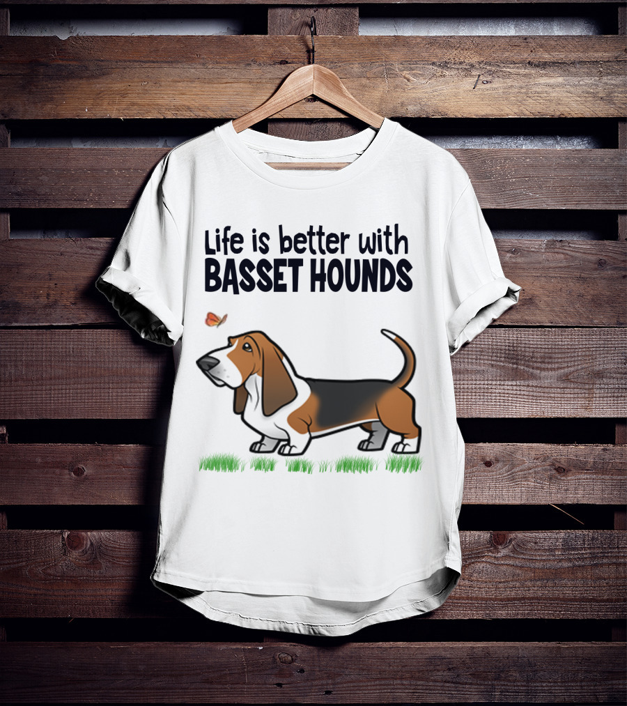 Life Is Better With Basset Hounds Butterfly And Dog Graphics On Grass T-Shirt