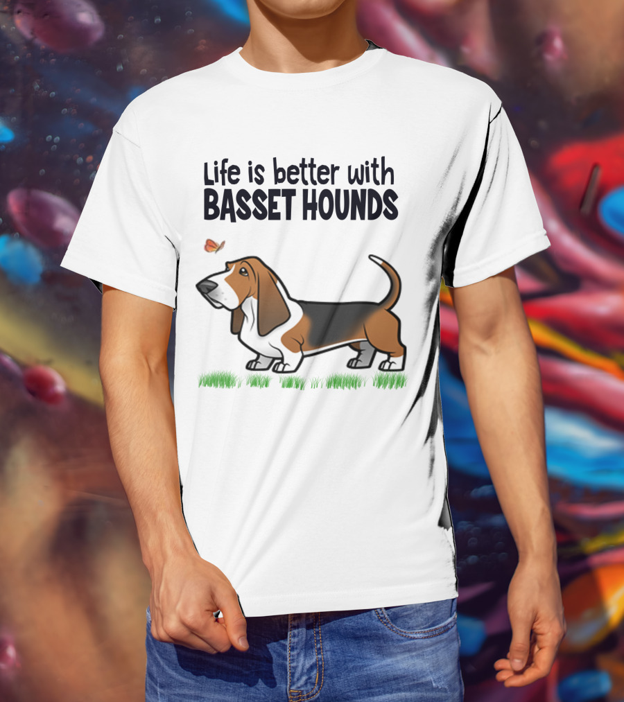 Life Is Better With Basset Hounds Butterfly And Dog Graphics On Grass T-Shirt